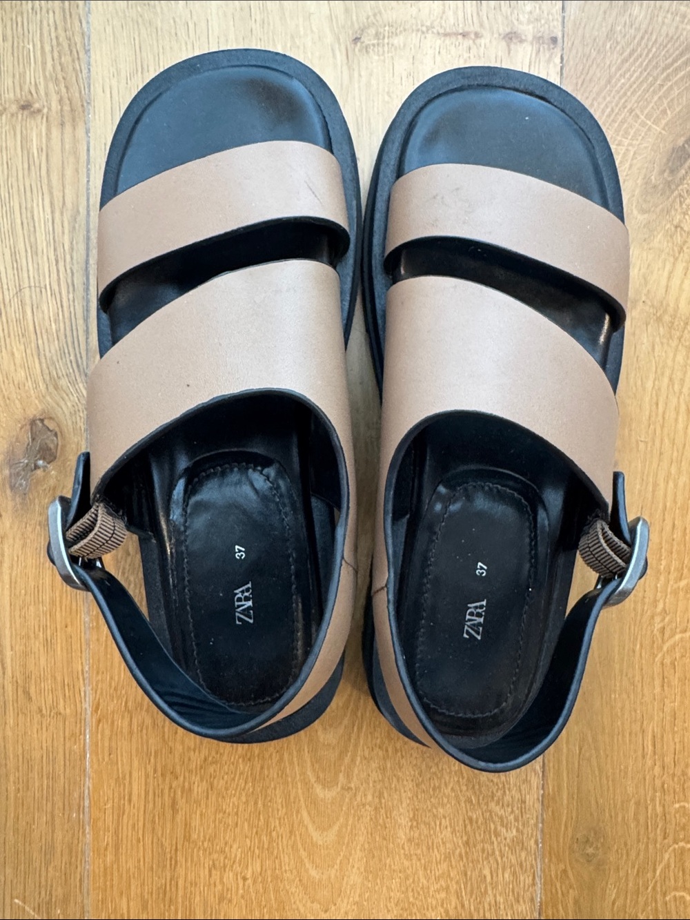 ZARA Tan Strappy Platform Sandals with Black Footbed